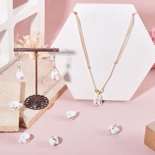 5Pcs Porcelain Cup Charms Miniature Ceramics Cup Mini Tea Cups Hanging Pendant with Flower for Keychains Earrings Jewelry Making Dollhouse Desktop Decor - color: White With Pink Flower