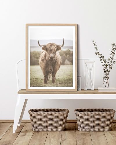 HesenDot Farmhouse Highland Cow Natural OAK Wood Framed Wall Art, 12x16in - color: Framed Highland Cow
