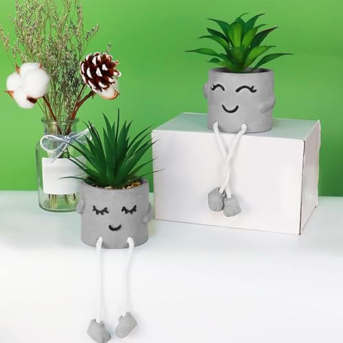 Zerzsy Faux Succulents in Cement Pots with Hanging Leg, Potted Mini Fake Plants for Desk Decor, Kitchen Shelf Decor, Office Decoration for Women, Bathroom Shelf Plants Decoration - Set of 2 - color: 2 Pcs Set/B