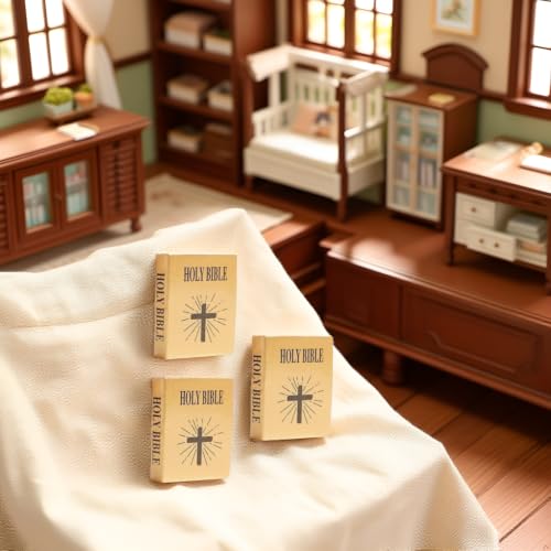3 Pcs Brown Miniature Bible Books for Dollhouse, Mini Bible Pocket Book 1/12 Dollhouse Miniature Book Bookshelf Bedroom Library Accessories Dollhouse Accessories Furniture