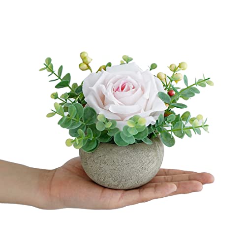 Artificial Light Pink Rose Potted Plant, Mini Faux Floral Decor - color: Light Pink
