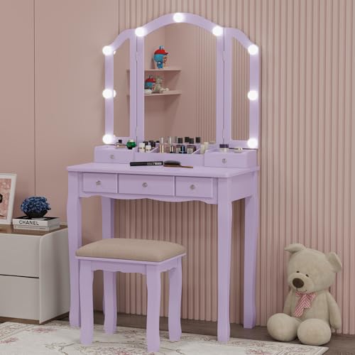 Purple Vanity Desk with Mirror and Lights Purple Vanity for Girls Makeup Vanity Desk with Lights Vanity Table with Lighted Mirror Make Up Vanity Desk with Drawers and Chair Set - style: Purple