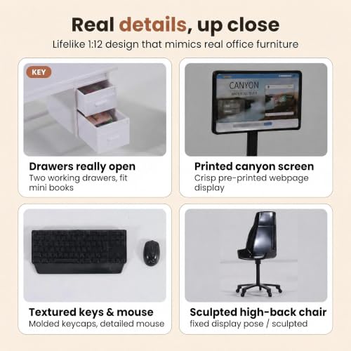 1:12 Scale Miniature Computer Desk & Chair Set – Dollhouse Office Furniture with Opening Drawers, Monitor, Keyboard, Mouse, PC Tower & Office Chair – Mini Workstation for Diorama, Roombox & Collectors - color: White Desk