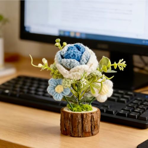 Crochet Blue Rose Flowers Bouquet for Women Office Desk Decor - color: Gradient Blue Roses