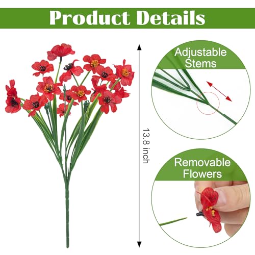 Bassion 24 Bundles Artificial Flowers for Outdoors Decorations, Red - color: Red