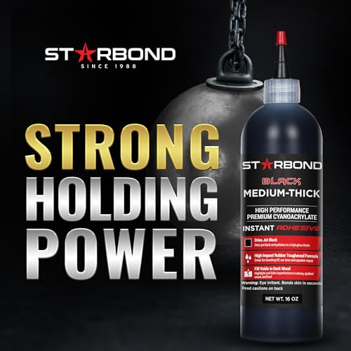 Starbond Black Medium-Thick CA Glue Complete Refill Kit (16 oz) – Rubber-Toughened, Impact-Resistant Cyanoacrylate Super Glue – for Knot Filling, Crack Repair, Woodworking, Guitar, Hobby & RC Projects - color: Black, size: 16 ounces