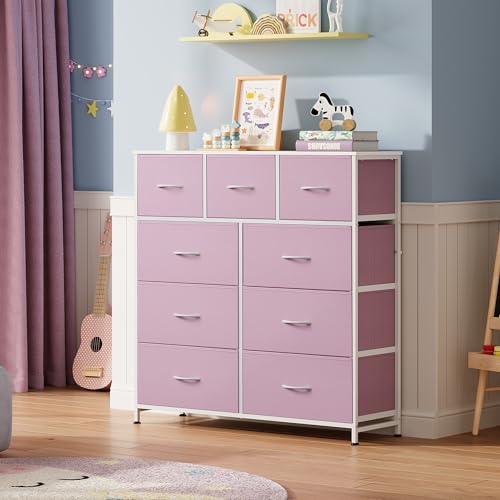 WLIVE 9 Drawer Dresser for Bedroom, Tall Chest of Drawers, A-Pink - color: A-pink