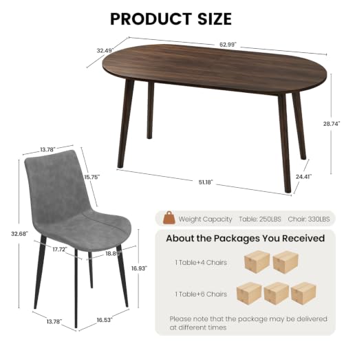 63" Oval Dining Table Set for 4 with Solid Wood Legs - color: Walnut Table Grey Chairs