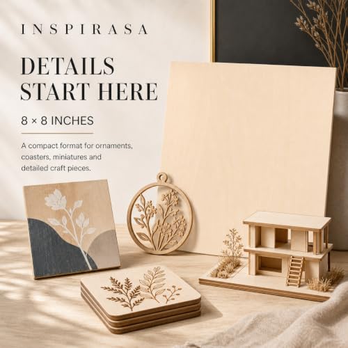 Basswood Plywood Sheets, 8 x 8 in, 1.5 mm, 18 Pack - size: 8 x 8 x 1/16 Inch