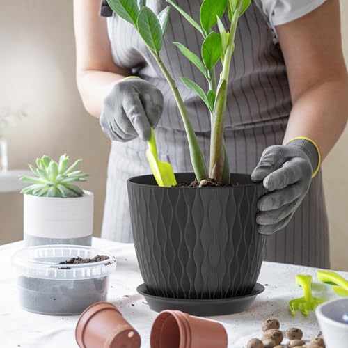 WSMKSZ 7 inch Plant Pots, 5 Pack Flower Pots with Drainage Holes and Saucers for Indoor Plants, Plastic Planters with Water Ripple for Small Garden House Plants, Nursery Pots for Succulent, Black - color: Black, size: 7inch 5pcs