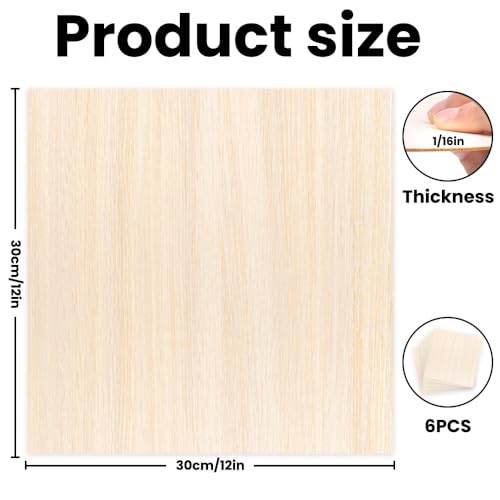6 Pack Basswood Sheets 12 x 12 x 1/16 Inch Thin Wood Sheets for Crafts - size: 6 Pack 12 x 12 x 1/16 inch