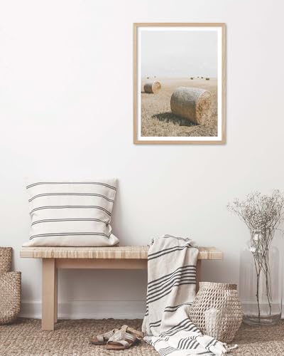 HesenDot Farmhouse Round Hay Bale Natural OAK Wood Framed Wall Art, 12x16in - color: Framed Hay Bales