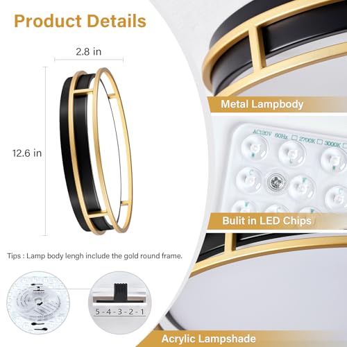 Modern Flush Mount Ceiling Light, Black Gold Dimmable Ceiling Light Fixture - color: Black and Gold, size: 12.6in