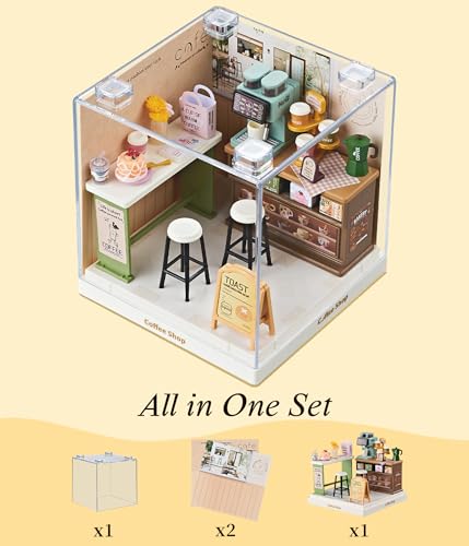 Coffee Shop Super Miniature House Kit - DIY Plastic 3D Model Building Set for Teens, Build Your Own Cozy Café with Coffee Machine & Dustproof Case, Creative Craft Gift for Girls Women - color: Coffee Shop, size: Small