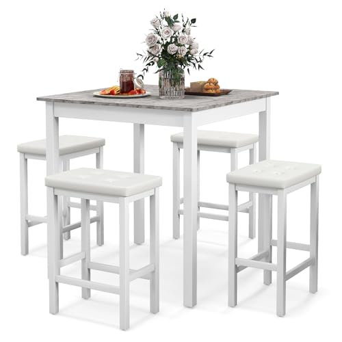 Giantex Dining Table Set for 4, Counter Height Dining Set with 4 Bar Stools, Space-Saving Kitchen Table Chairs Set for Small Place, Dinette, Breakfast Nook (White) - color: White