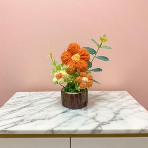 Handmade Crochet Puff Flowers with Wooden Base for Women Office Deck Decora - color: Orange Puff