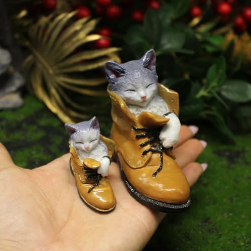 2pcs Decorative Sleeping Cat in Boot Garden Figurine, Tan Resin Boots with Gray Cats, Indoor Outdoor Decor, Gifts for Women Mom Grandma - color: 2pcs Cat Boots