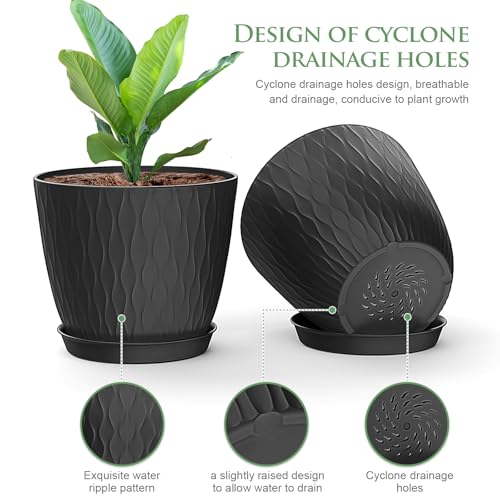 WSMKSZ 6 inch Plant Pots, 5 Pack Flower Pots with Drainage Holes and Saucers for Indoor Plants, Plastic Planters with Water Ripple for Small Garden House Plants, Nursery Pots for Succulent, Black - color: Black, size: 6inch 5pcs