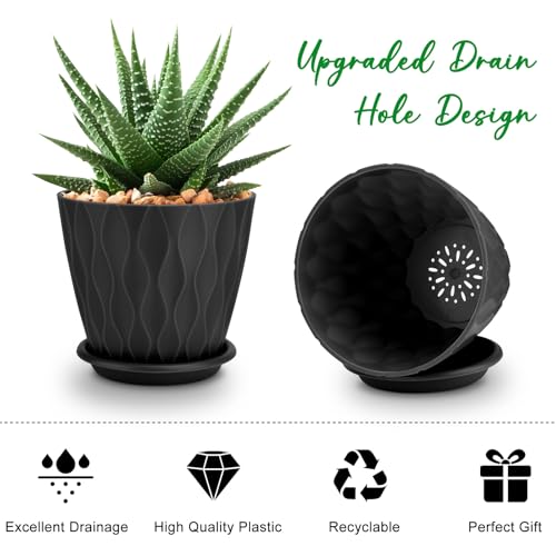 YNNICO 4 inch Plant Pots for Indoor with Drainage Holes and Tray Saucers - color: Black, size: 4 inch