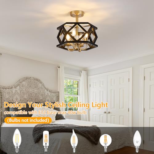 Black and Brushed Gold Semi Flush Mount Ceiling Light, Farmhouse Modern Light Fixture, 4-Light Metal Hallway Ceiling Lamp, Small Chandelier for Foyer Entryway Porch Bedroom Kitchen, E12 Base - color: Black & Gold