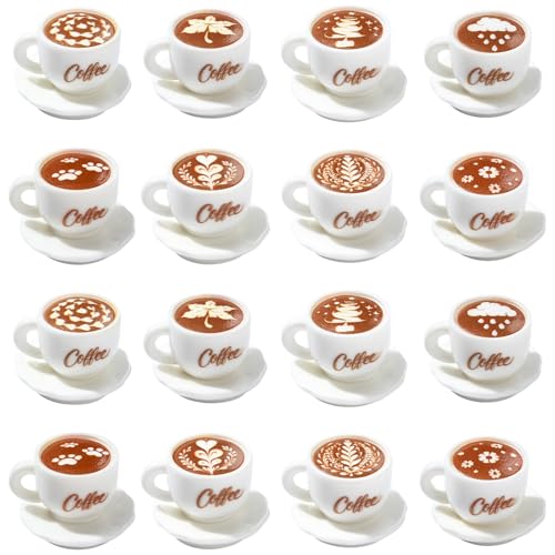 Stiesy 64 Pcs White Plate and Coffee Cup Miniature 9 Styles Tiny Dish Latte Art Ornaments Figurines for Bakery Showcase Coffee Shop Counter Decor - color: White Plate and Coffee-64pcs