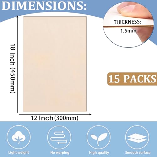 15 Pack 12"x18"x1/16 Basswood Sheets for Crafts- Thin Plywood Sheets - Balsa Wood Sheets -Unfinished Wood Boards for Painting,Laser Cutting,Engraving,Burning and CNC Cutting - color: 12 x 18 x 1/16