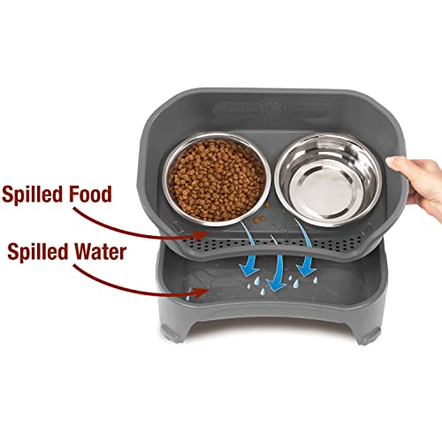 Neater Feeder - Express Model w/ Slow Feed Bowl - Mess-Proof Dog Bowls (M/L, Grey) Made in USA – Elevated, No Spill, Non-Tip, Non-Slip, Raised Stainless Steel Food/Water Pet Bowls Aid Digestion - color: Gunmetal Grey, size: Medium to Large w/ Metal Slow F