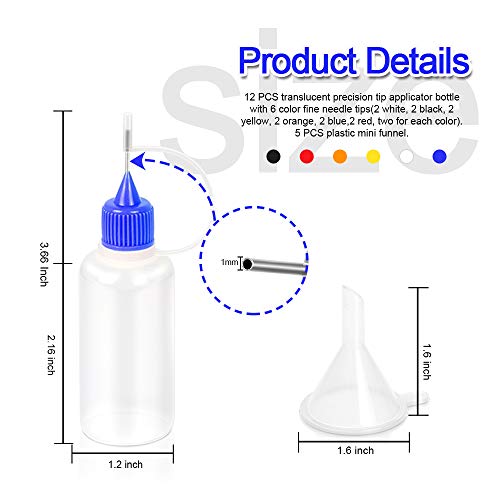 12pcs Precision Tip Applicator Bottles with 5 Mini Funnels, YGDZ 30ml Needle Tip Squeeze Glue Bottles for Paint Quilling Craft, 6 Colors - color: Colored Tip