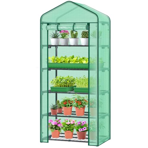 Mini Greenhouse for Indoor Outdoor: Ohuhu 23 x 19 x 75-Inch Small Plastic Plant Green House 5-Tier Rack Stand Portable Greenhouses with Durable PE Cover for Seedling, Ideal Gardening Gifts - color: Green, size: 5 Tier Single Layer Roof