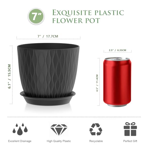 WSMKSZ 7 inch Plant Pots, 5 Pack Flower Pots with Drainage Holes and Saucers for Indoor Plants, Plastic Planters with Water Ripple for Small Garden House Plants, Nursery Pots for Succulent, Black - color: Black, size: 7inch 5pcs
