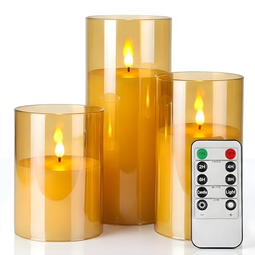 NICEME Flickering Flameless Candles with Remote Timer Unbreakable Acrylic Battery Operated LED Candles with Flickering Flame 3D Wick for Romantic Ambience Home Decor Set of 3, D3” xH4” 5” 6” Amber - color: Ivory + Amber Acrylic, size: D 3”×H 4”5”6”
