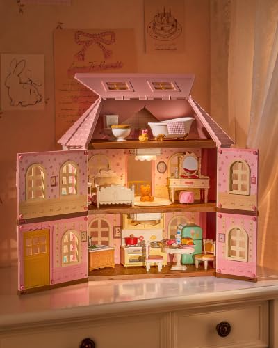 Rolife Dollhouse with LED Light, Haley Island Fairy Rose Dollhouse with 14 Pcs Furniture Accessories, 1:12 Fairy House Building Kit 3 Storey Family Style Pink DIY Crafts Toys Gift for Girls