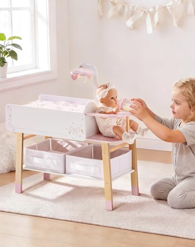 ROBOTIME 18 Inch Doll Changing Table, Wooden Baby Doll Bed with Storage Bins & Drawer, Pink Doll Nursery Furniture for 18 Inch Dolls, Baby Doll Furniture for Pretend Play