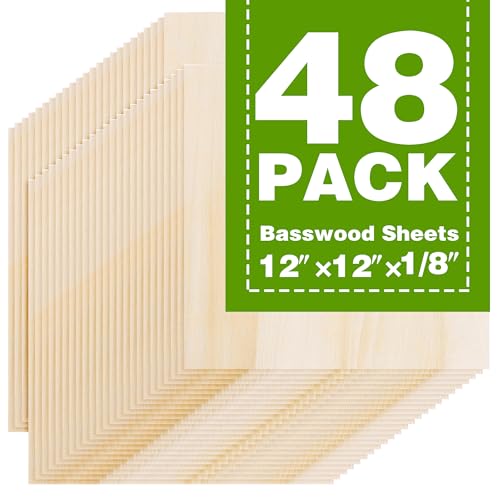 Basswood Sheets 12"x12"x1/8",3mm Basswood for Laser Cutting,Thin Plywood Board Unfinished Wood for Crafts, DIY Architectural Models Making, Wood Engraving (12inchx12inch-1/8-48Packs) - size: 12inchx12inch-1/8-48Packs