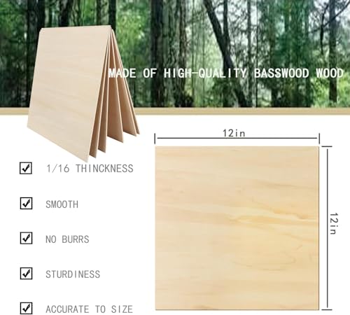 Cassny Unfinished Wood Pieces,5 Pack Basswood Sheets12 x12 x 1/16,Basswood Plywood Wood Sheets for Crafts,Perfect for Painting,Drawing,Laser,Engraving,Burning and CNC Cutting (5pack 12 x12 x 1/16) - color: 5pack 12 x12 x 1/16