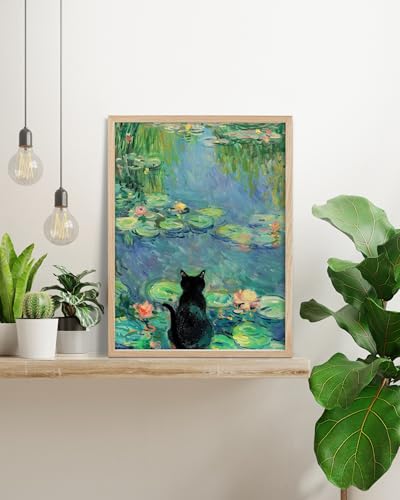 HesenDot 12x16in Claude Monet Waterlily Cat Framed Wall Art, - color: Framed Full Monet Waterlily Cat