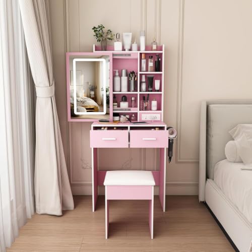 Small Makeup Vanity Desk with Lighted Mirror & Charging Station, Compact Vanity Set with Stool, Hair Dryer Holder, 2 Drawers & Storage Shelves, Space-Saving for Girls Bedroom (Pink) - color: Pink