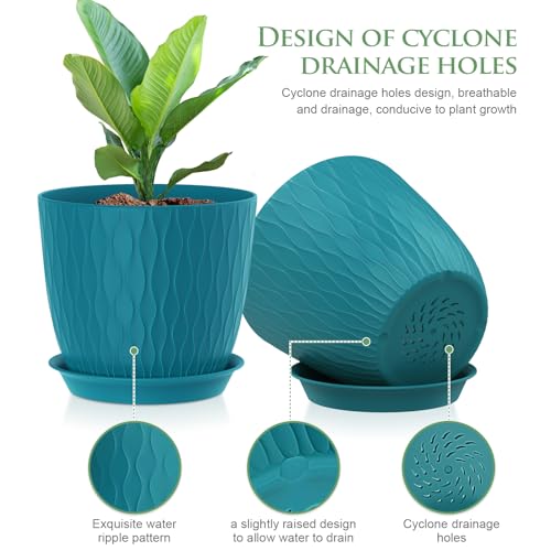 WSMKSZ 7 inch Flower Pots, 5 Pack Plant Pots with Drainage Holes and Saucers for Indoor Plants, Plastic Planters with Water Ripple for Small Garden House Plants, Nursery Pots for Succulent, Blue Green - color: Blue-green, size: 7inch 5pcs