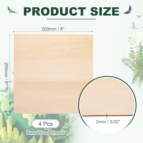 HARFINGTON 4pcs 2mm Basswood Plywood Sheet 8"x8"x3/32 Thin Plywood Board - size: 8"x8"x3/32"(2mm Thick)