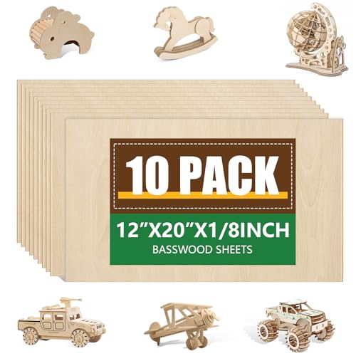 10 Pack Basswood Sheets 1/8x12x20 Inch, Unfinished Wood for Crafts, 3mm Basswood for Laser Cutting & Engraving, Wood Burining,Architectural Models, Plywood for Painting. - size: 10P 12x20x1/8in