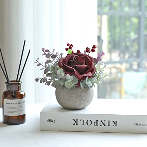 Small Artificial Burgundy Rose Potted Plant, Mini Faux Floral Decor - color: Burgundy