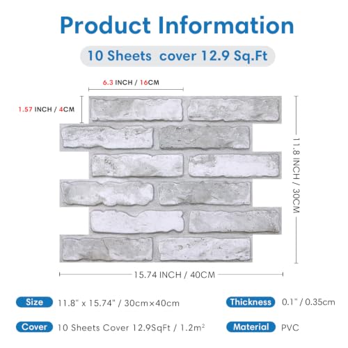 COMSTICKC 3D Peel and Stick Faux Brick Wall Panels for Quick DIY Wall Decor - color: Grey-White
