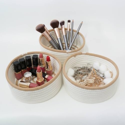danpinera Set of 3 Small Woven Baskets, Mini Round Storage Baskets for Organizing, Decorative Boho Rope Baskets for Bathroom, Nursery, Desk, Tiny Bin for Makeup, Jewelry, Small Items, White & Jute