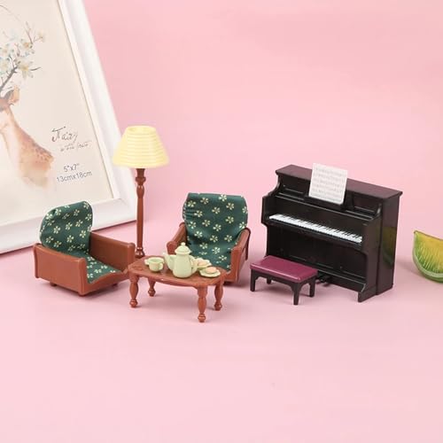 Family Dollhouse Living Room Set — Piano with Bench & Sheet Music, Two Armchairs, Coffee Table, Floor Lamp & Tea Set — Dollhouse Furniture & Accessories for Ages 3+ - style: Living Room Set