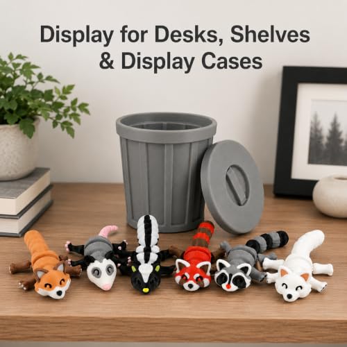 3D-Printed Woodland Animal Figurines, 8-Piece Articulated Raccoon, Fox, Skunk, Opossum, Red Panda and Arctic Fox Set with Gray Trash Can - color: Gray