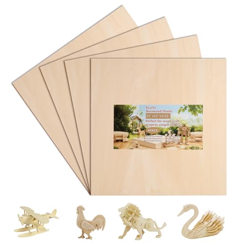 4 Pack Basswood Sheets 12x12x1/12 Inch, Plywood Sheet Unfinished Wood Boards Blanks for Laser Cutting, Engraving, Burning, Crafts