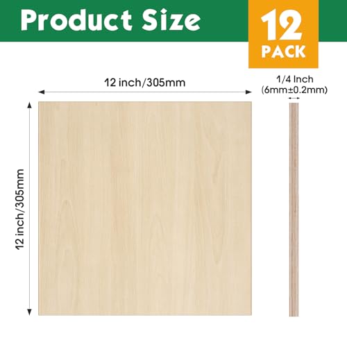 12 Pack Basswood Sheets 1/4x12x12 Inch, 6mm Basswood for Laser Cutting and Engraving, 1/4 Plywood Boards for Crafts,Wood Burning,Architectural Models, Painting. - size: 12P 12x12x1/4in