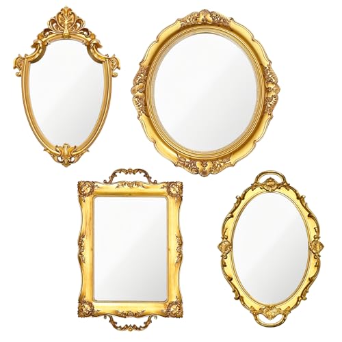 4 PCS Vintage Gold Mirror Set Vintage Mirrors for Wall Antique Shield Shape Square Oval Decorative Mirror Jewelry Dresser Organizer Tray for Living Room Bedroom Wedding Desktop Photography Decoration
