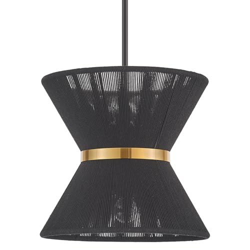 Hand Woven Boho Pendant Light Coastal Mini Modern Chandelier Adjustable Transitional Minimalist Pendant Lighting Fixtures for Kitchen Island Dining Room, Black, Dia 12.2”, UL Listed - color: 12" Black