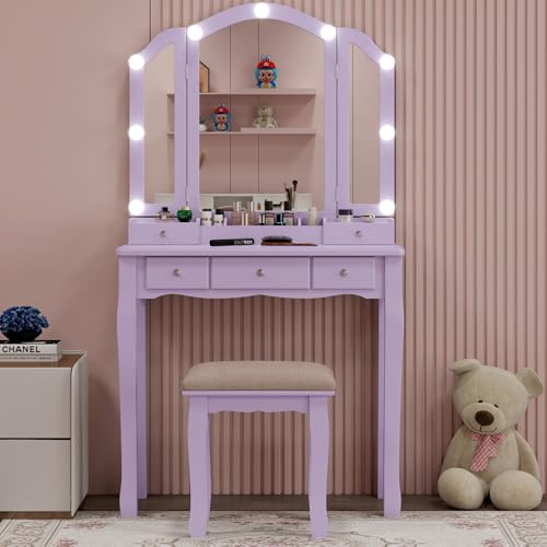 Purple Vanity Desk with Mirror and Lights Purple Vanity for Girls Makeup Vanity Desk with Lights Vanity Table with Lighted Mirror Make Up Vanity Desk with Drawers and Chair Set - style: Purple